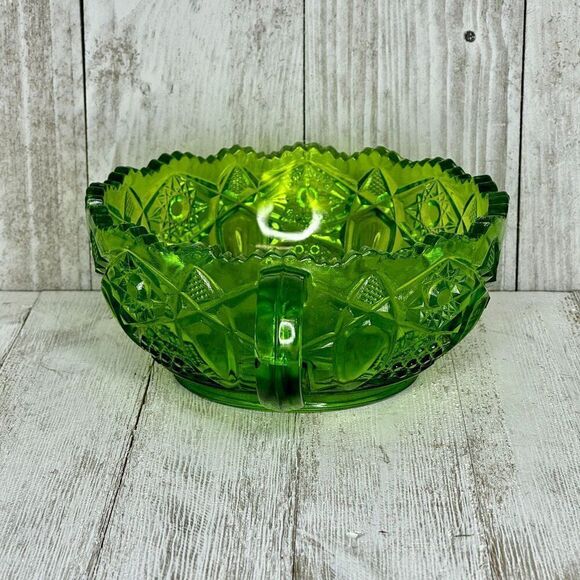 Vintage L.E. Smith Heritage Quintec Green Depression Glass Bowl with Finger Hand - Picture 3 of 6